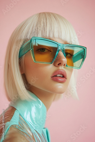 A blonde woman wearing a green pair of sunglasses