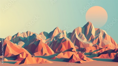 A beautifully stylized polygonal mountain landscape scene capturing the essence of sunrise photo