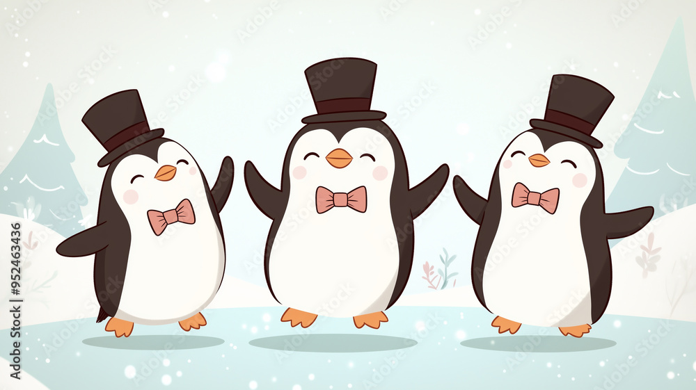 Obraz premium Dancing penguins wearing bow ties and top hats, on a sparkling ice rink, Cute Cartoon, Digital Illustration, Cool Tones