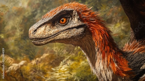 A close-up of a Velociraptor feathered body, highlighting the connection between dinosaurs and modern birds photo