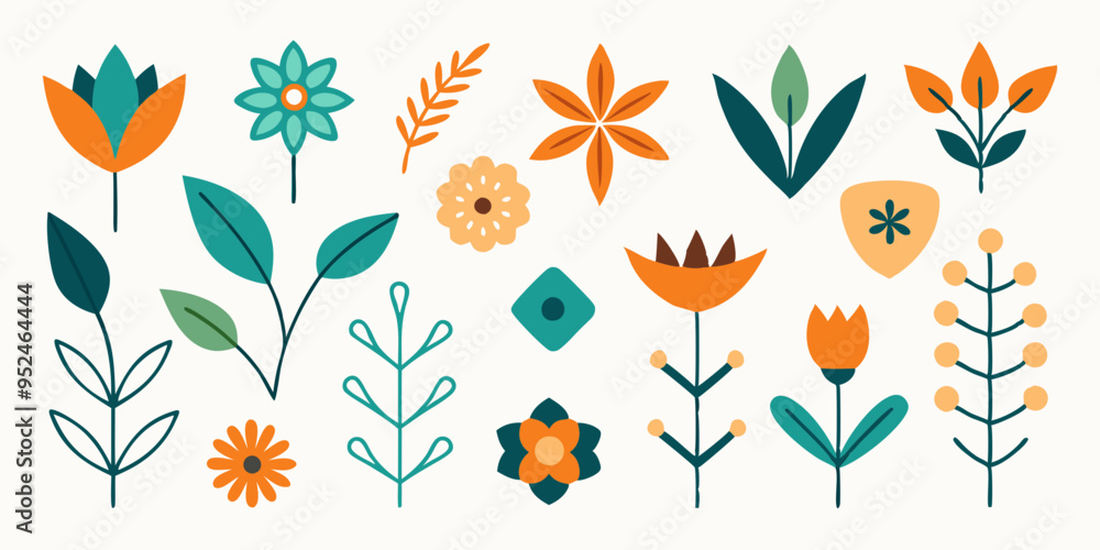 Set of boho simple geometric branch and flowers. Botanic design elements in wavy and vintage style on white background