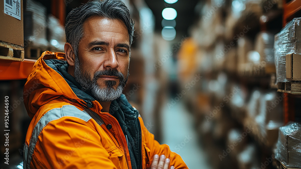 A man in an orange jacket stands in a warehouse A man in an orange jacket stands in a warehouse