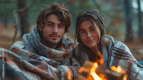 The couple huddled together by the campfire, wrapped in a blanket, watching the flames dance, with the warm light casting gentle shadows on their faces, the surrounding forest quiet and dark,