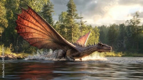 A realistic 3D model of a Spinosaurus swimming in a river, its large sail fin breaking the surface of the water photo