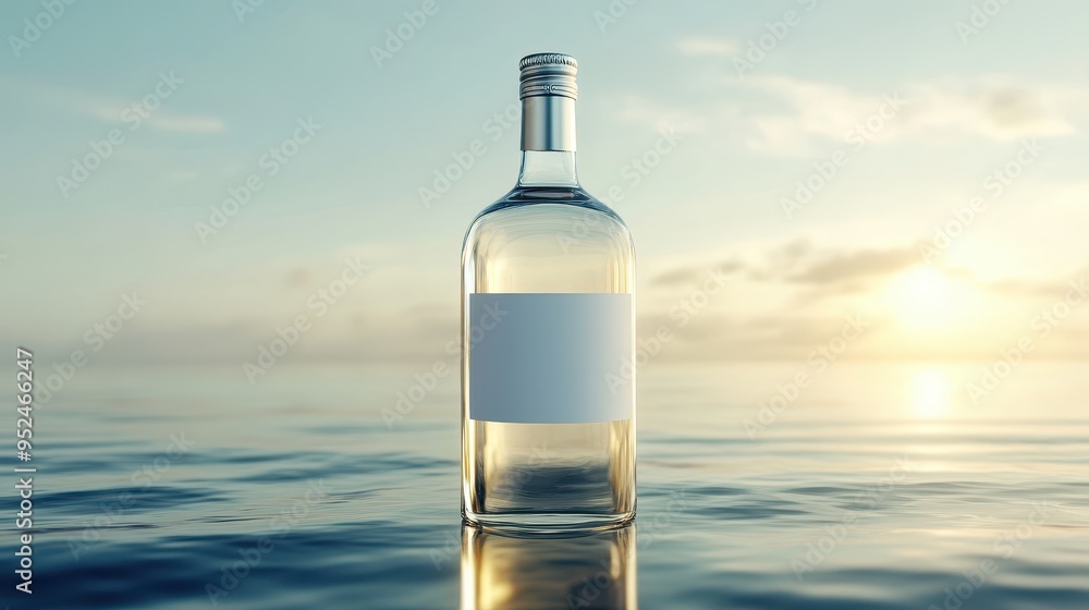 Glass Bottle Mockup with Blank Label in 3D Space with Soft Lighting and Reflections
