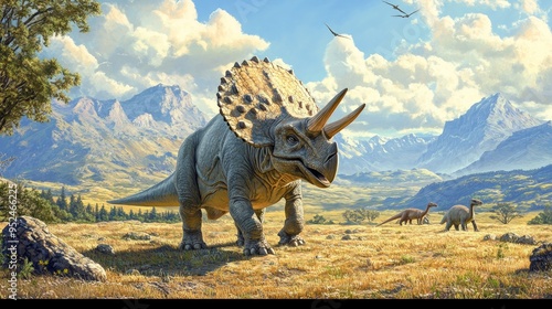 A Triceratops grazing in an open field, with mountains in the background and other dinosaurs in the distance