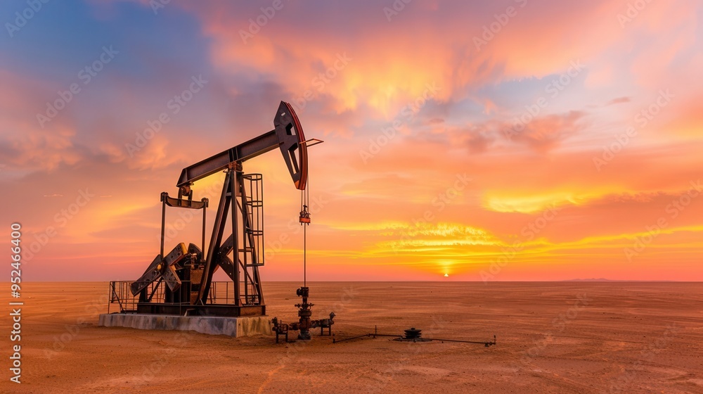 Petroleum pumpjack silhouetted against a vibrant sunset in an expansive desert landscape, symbolizing energy production and the intersection of nature and industry. Petroleum pumpjack silhouetted against a vibrant sunset in an expansive desert landscape, symbolizing energy production and the intersection of nature and industry.