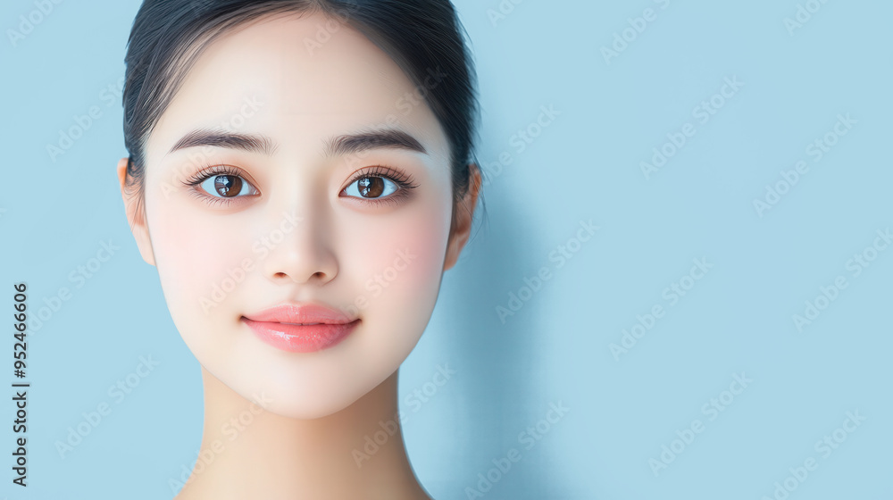 Korean woman caring for her skin, slim face, large eyes, smiling, head turned 45 degrees to the right, showcasing natural beauty and self-care in a cinematic style Korean woman caring for her skin, slim face, large eyes, smiling, head turned 45 degrees to the right, showcasing natural beauty and self-care in a cinematic style