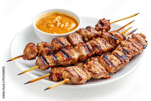 Flavorful Moo Satay: Grilled Pork Skewers Marinated in Coconut Milk and Spices, Served with Peanut Sauce isolated on white background 