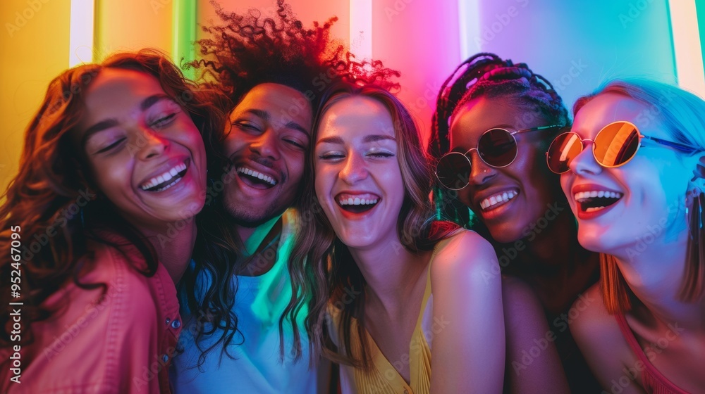 group of people smiling on colorful neon background group of people smiling on colorful neon background
