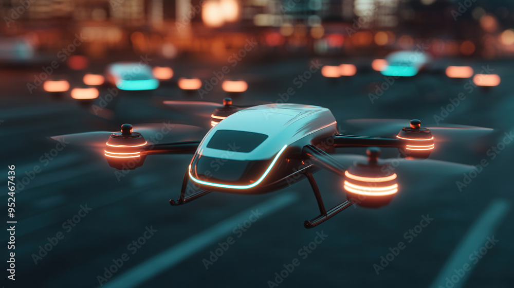 Futuristic Urban Aerial Transport, showcasing autonomous drone taxis soaring above a vibrant metropolis, highlighting innovative travel solutions in a high-tech environment. Futuristic Urban Aerial Transport, showcasing autonomous drone taxis soaring above a vibrant metropolis, highlighting innovative travel solutions in a high-tech environment.