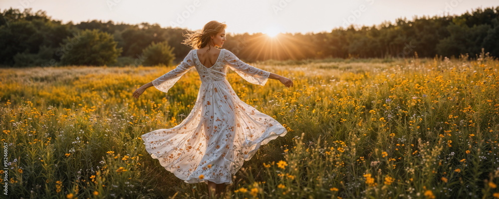 © vladnikon - A woman in a white floral dress dances in a field of yellow flowers, the sun setting behind her in the background.