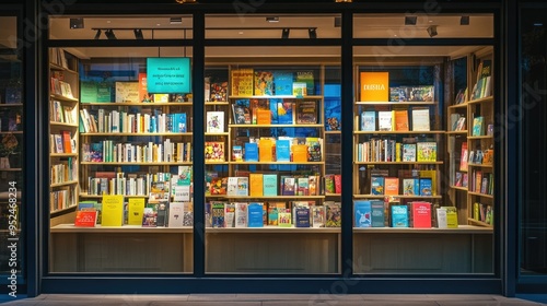 Wallpaper Mural A creative window display in a bookstore featuring bestsellers and colorful signage, attracting passersby Torontodigital.ca