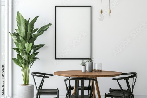 Modern dining area with a round table, chairs, and a large plant.