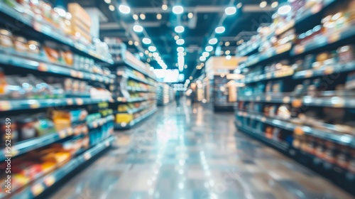 A Blurred Supermarket Aisle featuring Brightly Illuminated Shelves of Various Goods and Items