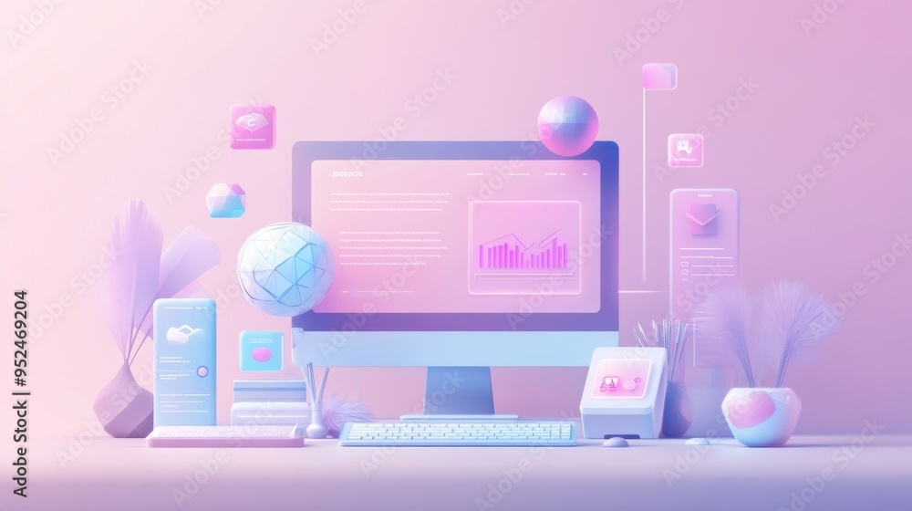 Website interface concept with a minimalist design, utilizing flat icons and soft gradients for a modern digital aesthetic Website interface concept with a minimalist design, utilizing flat icons and soft gradients for a modern digital aesthetic