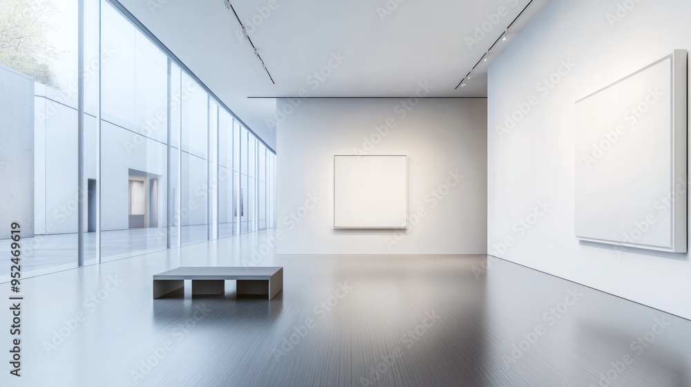 Fototapeta premium Minimalist Gallery Interior with Empty Picture Frames and a Bench