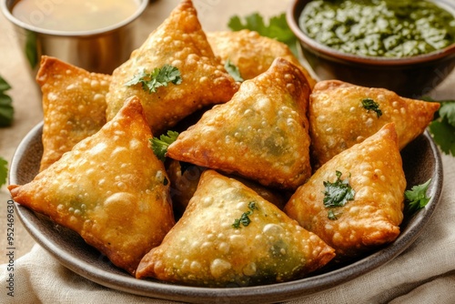 Crispy Fried Samosas with Green Chutney