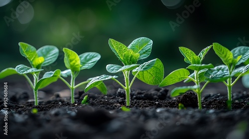 Close-up of vibrant green seedlings sprouting from rich brown soil.