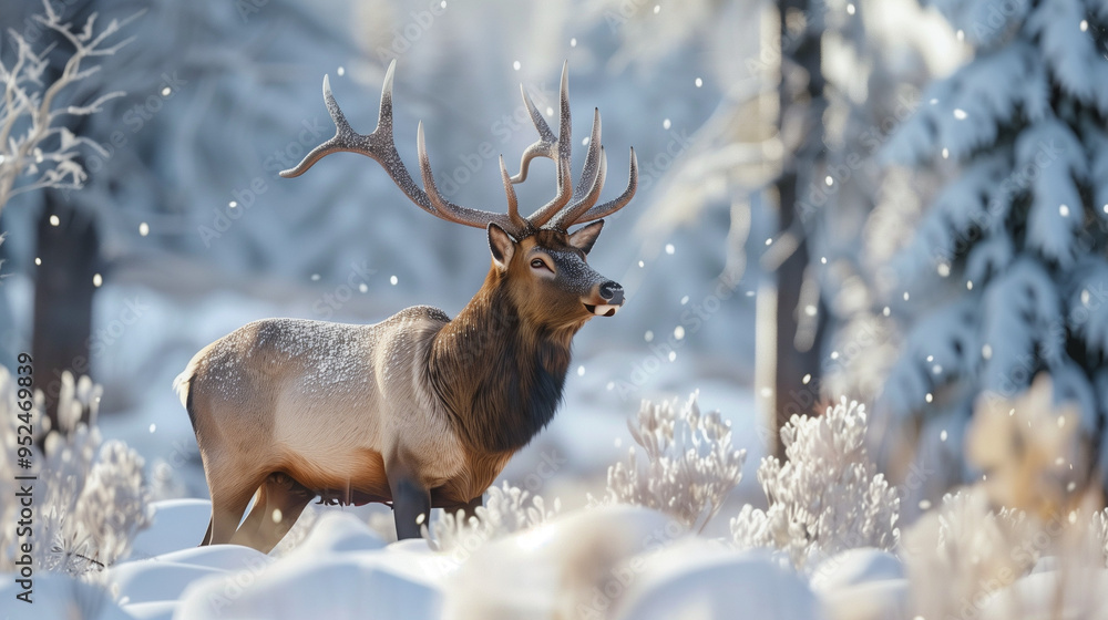 A majestic elk with large antlers standing in a snowy forest, surrounded by falling snowflakes on a serene winter day. A majestic elk with large antlers standing in a snowy forest, surrounded by falling snowflakes on a serene winter day.