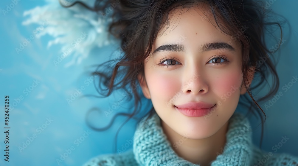 A young woman with long dark hair and rosy cheeks smiles up at the camera while lying on a blue surface. A young woman with long dark hair and rosy cheeks smiles up at the camera while lying on a blue surface.