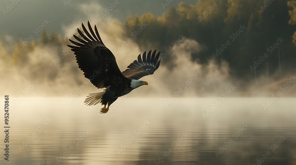 Fototapeta premium Bald Eagle Soaring Over Misty Lake.