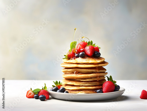 Breakfast composition with fresh pancakes and berries on light gray concrete background