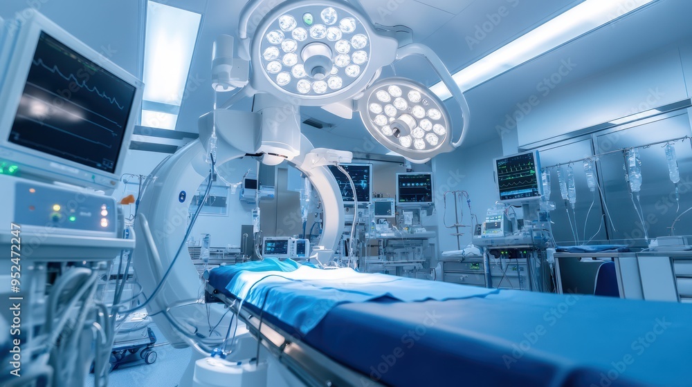Modern Hospital Operating Room with Medical Equipment and Sterile Table Modern Hospital Operating Room with Medical Equipment and Sterile Table