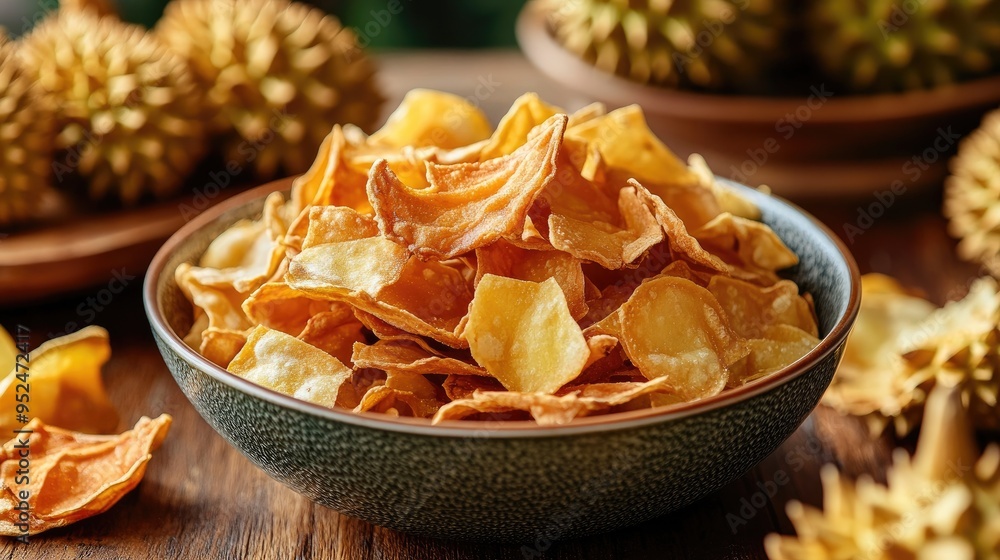 A close-up of durian chips in a bowl, offering a crispy and flavorful snack alternative to fresh durian A close-up of durian chips in a bowl, offering a crispy and flavorful snack alternative to fresh durian