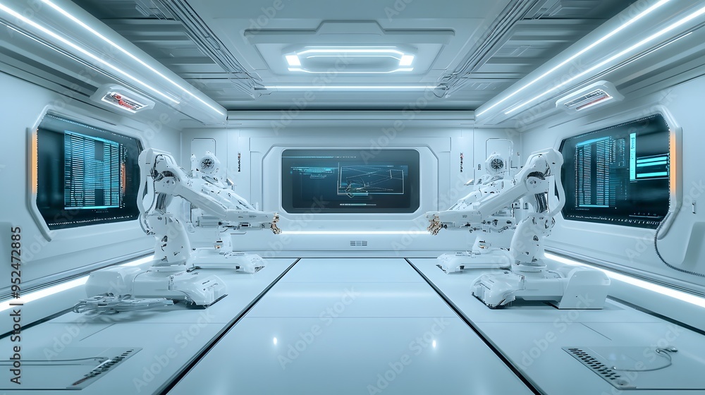 Futuristic design lab with holographic screens and robotic assembly High-tech clean lines minimalist sterile environment detailed 3D robots Futuristic design lab with holographic screens and robotic assembly High-tech clean lines minimalist sterile environment detailed 3D robots