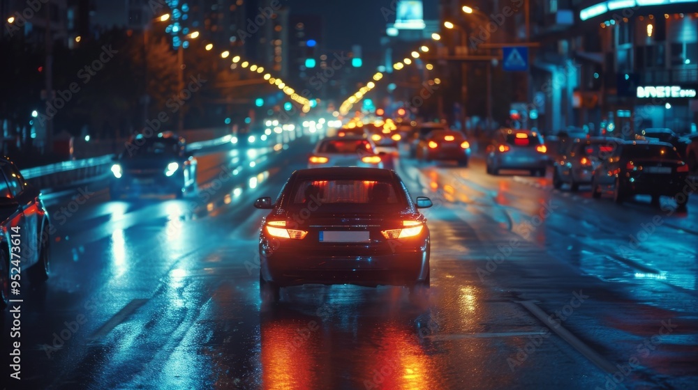 Blurred background. Experience a thrilling Night Drive through Rainy Streets lit by Vibrant Lights in the city Blurred background. Experience a thrilling Night Drive through Rainy Streets lit by Vibrant Lights in the city