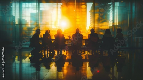 Long exposure shot. Silhouetted depiction of a Business Meeting taking place at sunset, illustrating collaboration