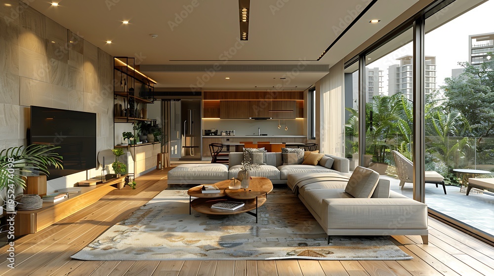 Modern living room with large windows, wood floors, and a comfortable sectional sofa. Modern living room with large windows, wood floors, and a comfortable sectional sofa.