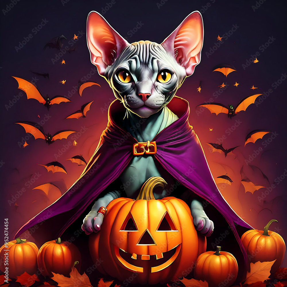 Fototapeta premium Spooky Sphynx Cat in Halloween Costume with Jack-o'-Lantern