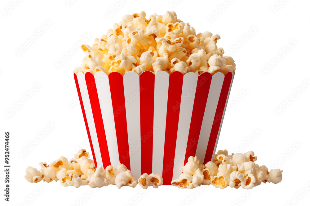 Large Red white striped Bucket full of popcorn cinema theme with spilling kernels around on transparent background Large Red white striped Bucket full of popcorn cinema theme with spilling kernels around on transparent background