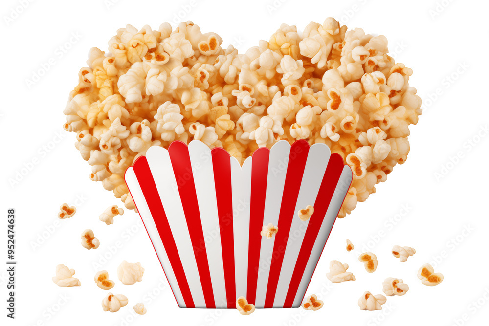 Overflow heart shaped popcorn in red white striped bucket cinema valentine concept isolated on transparent background Overflow heart shaped popcorn in red white striped bucket cinema valentine concept isolated on transparent background