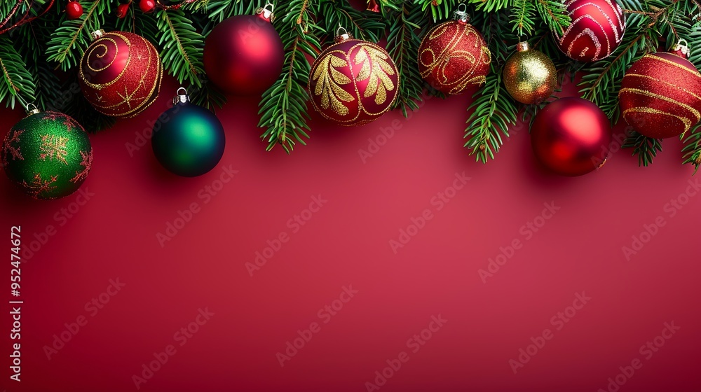 Festive Christmas Background with Red and Gold Ornaments, Pine Branches, and Candy Cane on Red Backdrop with Space for Text, Featuring Sparkling Lights and Holiday Decorations Festive Christmas Background with Red and Gold Ornaments, Pine Branches, and Candy Cane on Red Backdrop with Space for Text, Featuring Sparkling Lights and Holiday Decorations