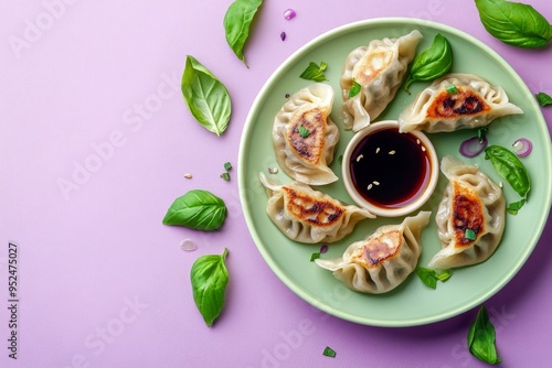 Wallpaper Mural Pan-fried Dumplings with Soy Sauce on a Green Plate Torontodigital.ca