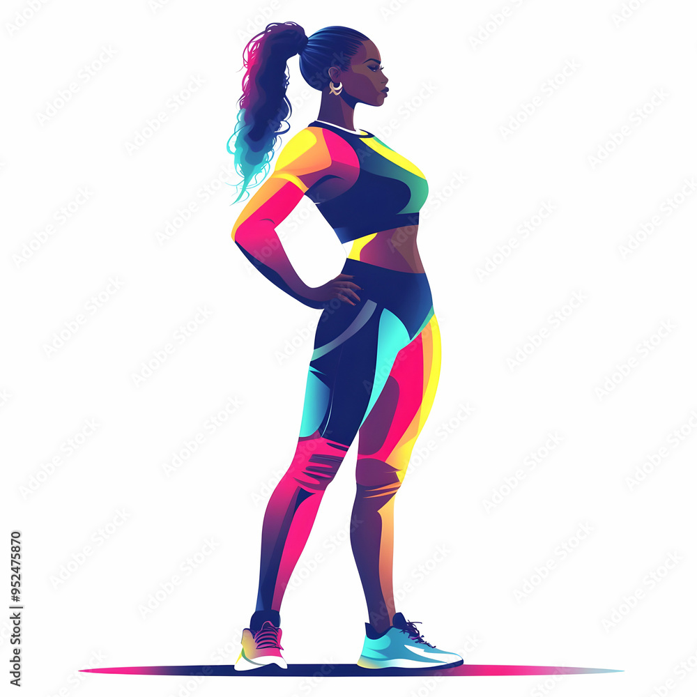 Obraz premium Flat Glowing Abstract Plus Size Model in Fashion Pose concept as A vibrant glowing abstract digital art banner featuring a plus size model in a striking fashion pose. The design highlights the curves 