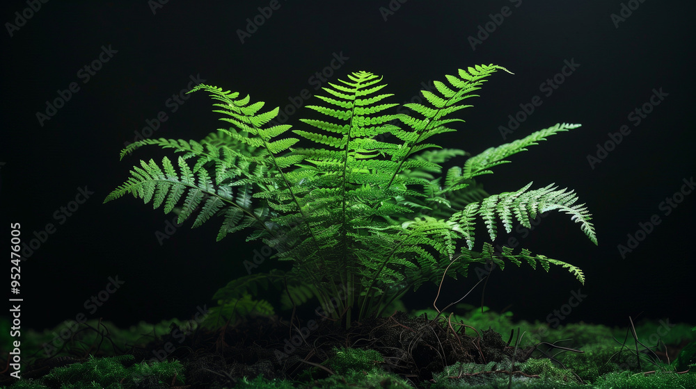 A lush green fern plant illuminated against a dark background, showcasing its delicate and intricate fronds in a peaceful, natural setting. A lush green fern plant illuminated against a dark background, showcasing its delicate and intricate fronds in a peaceful, natural setting.