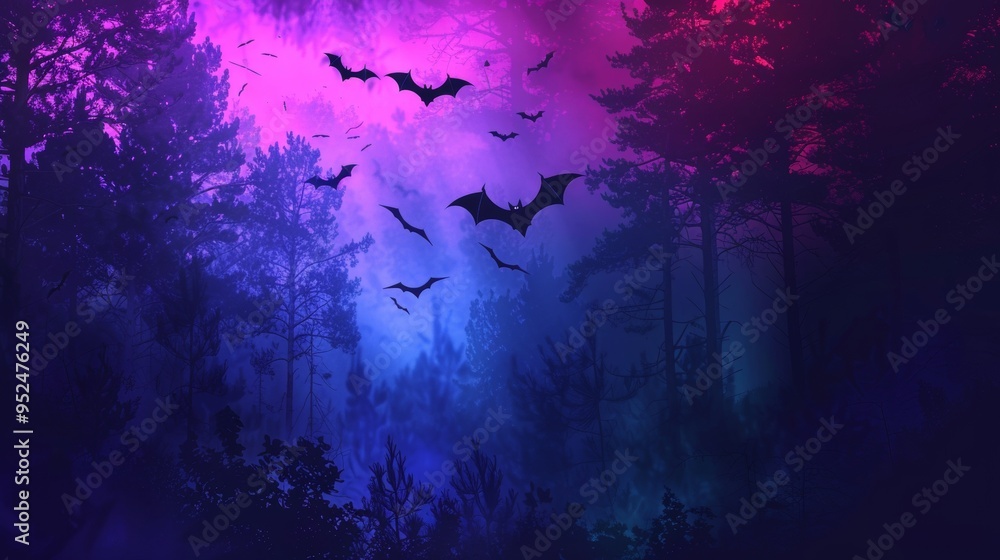 Fototapeta premium bats flying in a neon forest