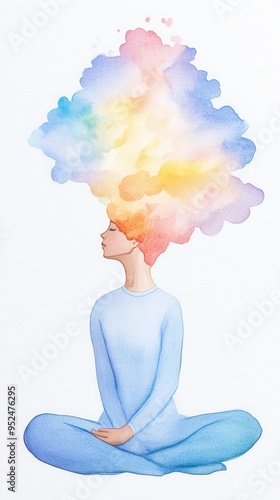 Watercolor illustration of a person meditating with a colorful cloud above their head, symbolizing creative thoughts and inner peace.