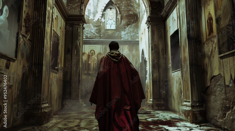 Naklejka premium Male figure in a red cloak walking through a dimly lit, ancient cathedral, surrounded by old religious paintings and stained glass windows, creating a mysterious ambiance.