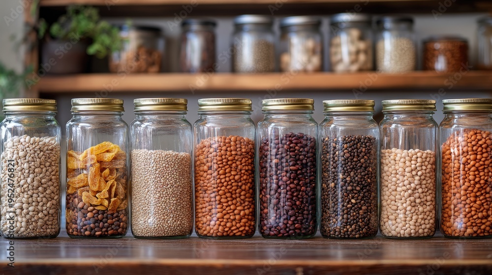 Glass jars filled with various dried goods. A photo ideal for illustrating a pantry or home organization concept. Glass jars filled with various dried goods. A photo ideal for illustrating a pantry or home organization concept.