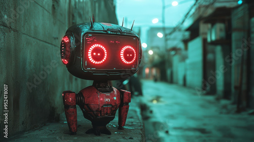 In a dark, damp alley, a retro robot with red, glowing eyes stands amidst neon lights, creating a cyberpunk scene.