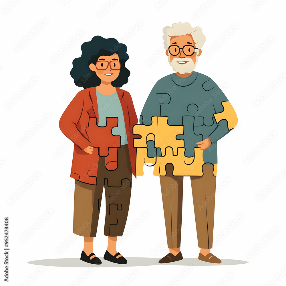 Flat Grandparents and Grandchildren Puzzle Pieces with Connection Text concept as An abstract vector showing two puzzle pieces representing grandparents and grandchildren with the word Connection in a Flat Grandparents and Grandchildren Puzzle Pieces with Connection Text concept as An abstract vector showing two puzzle pieces representing grandparents and grandchildren with the word Connection in a