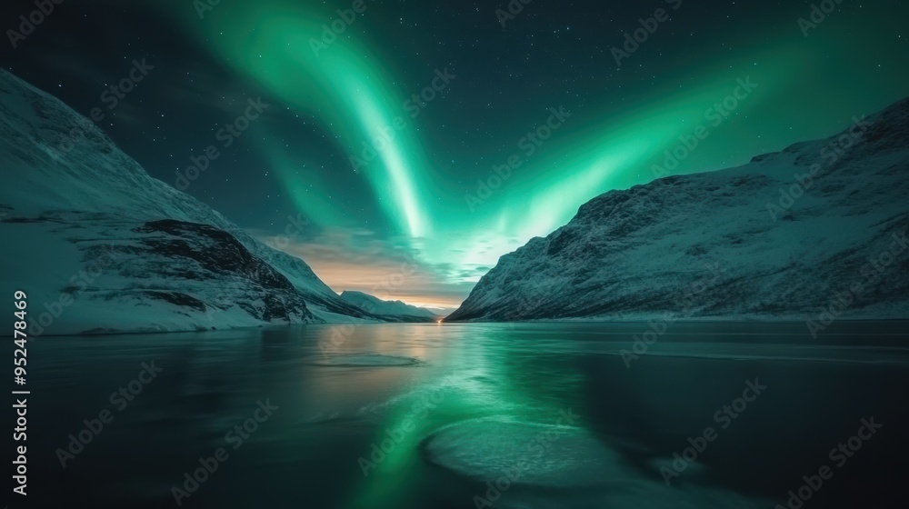 Naklejka premium The Northern Lights cast a stunning glow across the night sky, illuminating snow-covered mountains and a peaceful lake, where the vibrant green auroras are beautifully reflected.