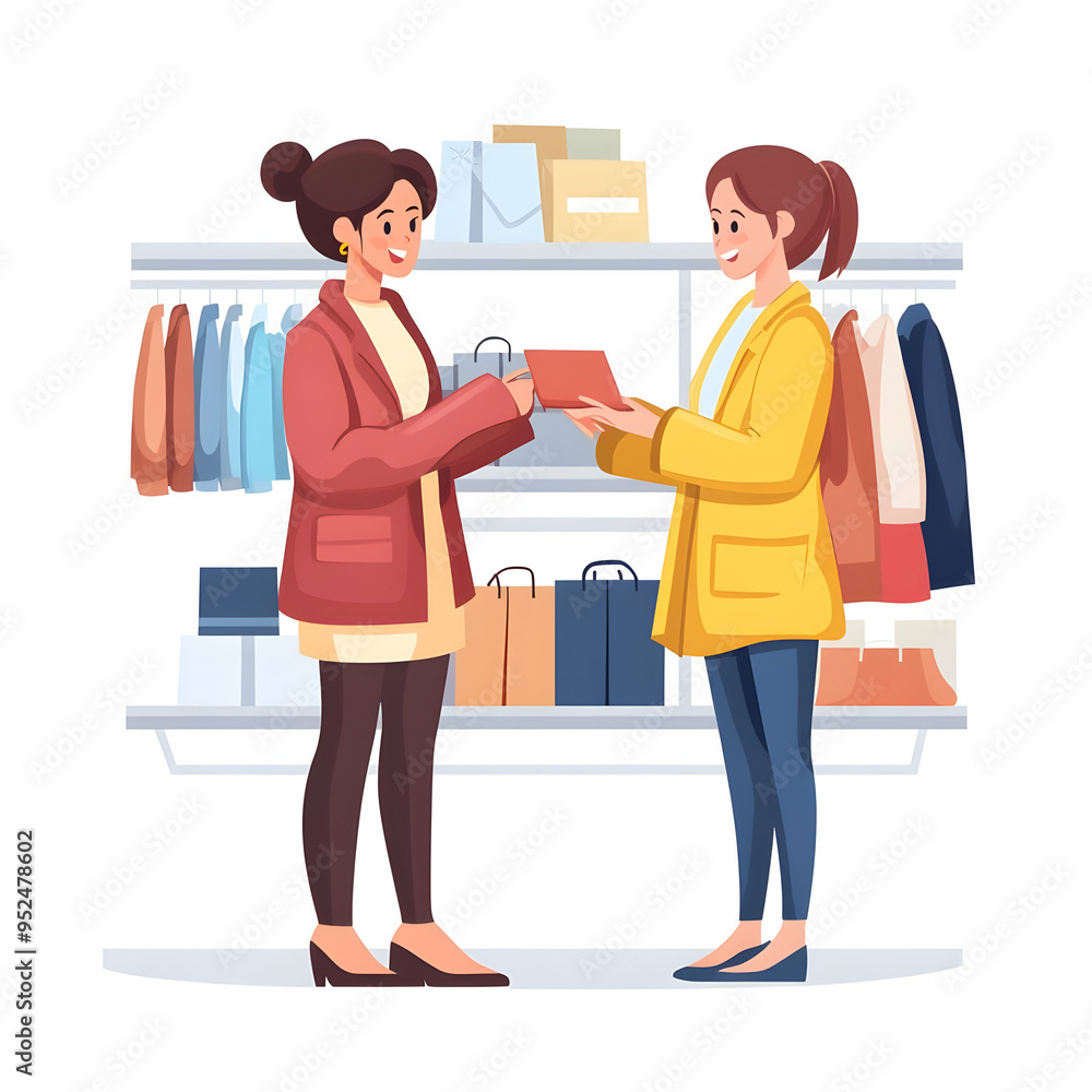 Obraz premium Flat Shopper Helping Friend Choose Clothes concept as Candid shot of a shopper helping a friend choose clothes in a store during Black Friday capturing the social and supportive aspect of shopping wit