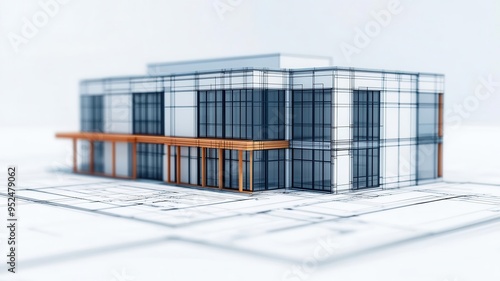 Architectural blueprint overlaying a newly constructed office building, commercial real estate planning