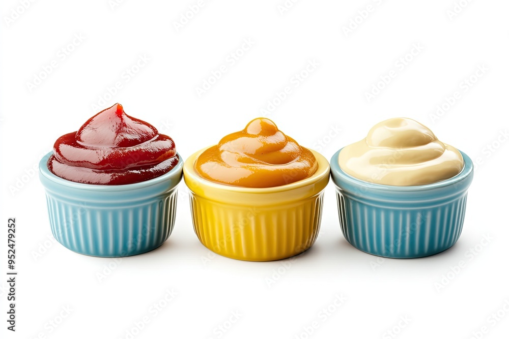 Ketchup, mustard and mayonnaise sauces on ceramic blue bowl isolated on a white background Ketchup, mustard and mayonnaise sauces on ceramic blue bowl isolated on a white background